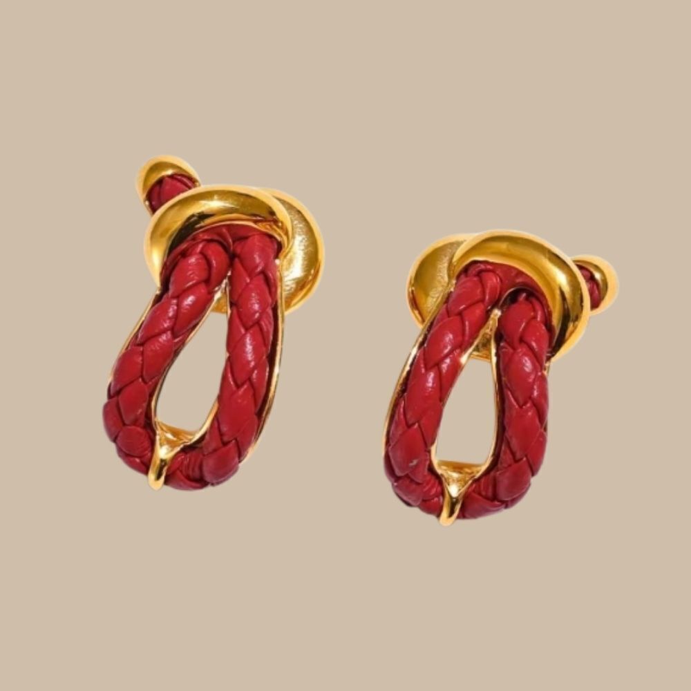 New! Red Leather Sailor Knot Earrings • Gold Plated • NWOT